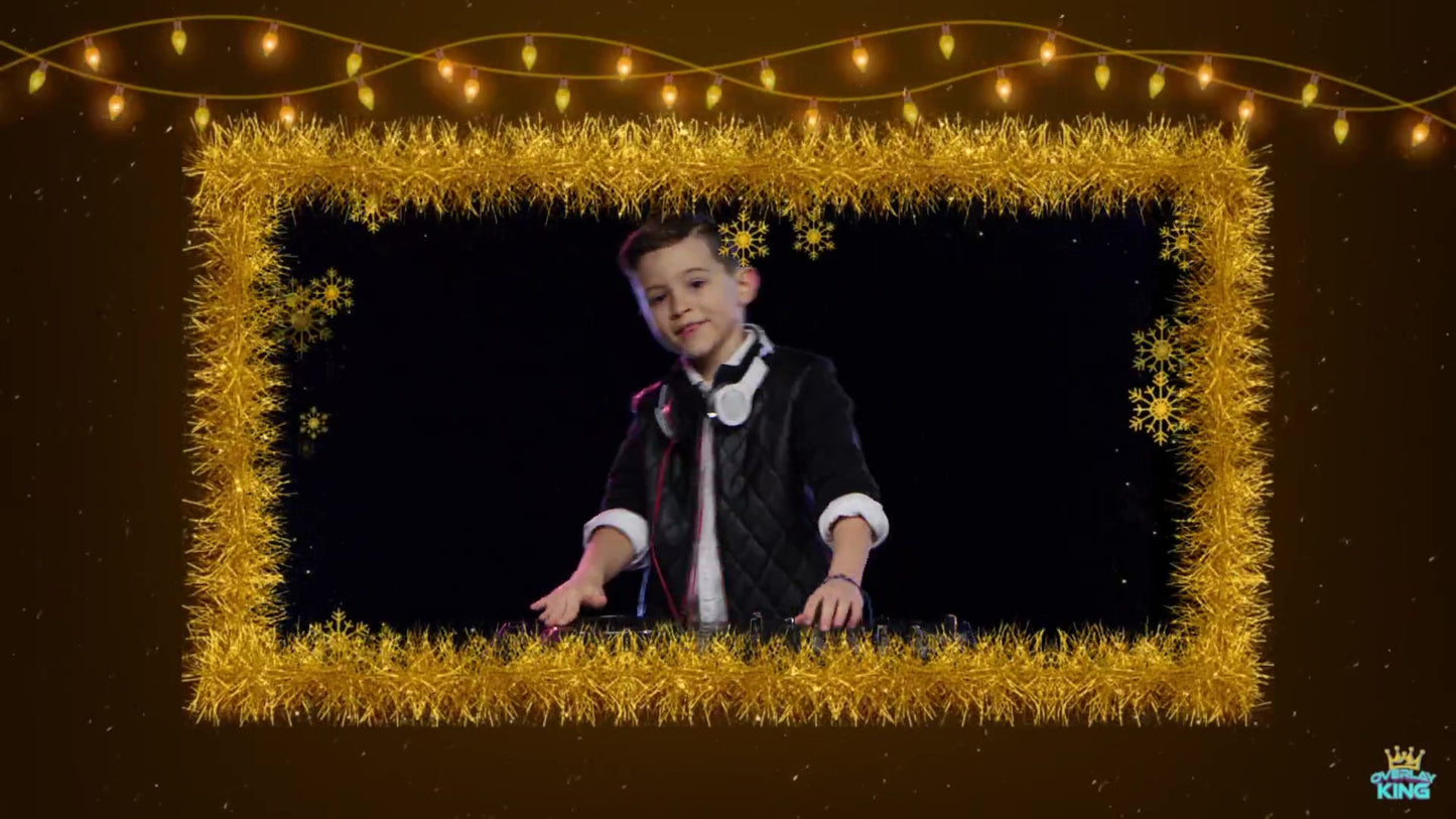 Gold Tinsel with Lights Holiday Frame Overlay with Cutout