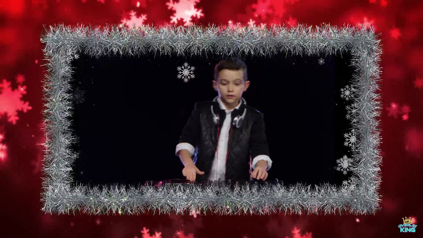 Red & White Snow Flakes with Silver Tinsel Holiday Frame Overlay with Cutout