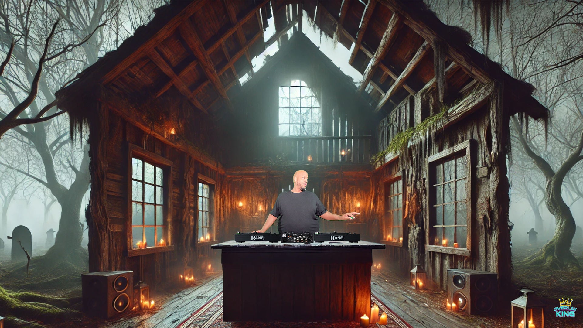 Cabin in Haunted Woods with Wooden DJ Booth