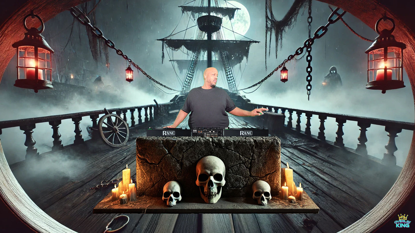 Haunted Ghost Ship at Night with Skull Altar DJ Booth